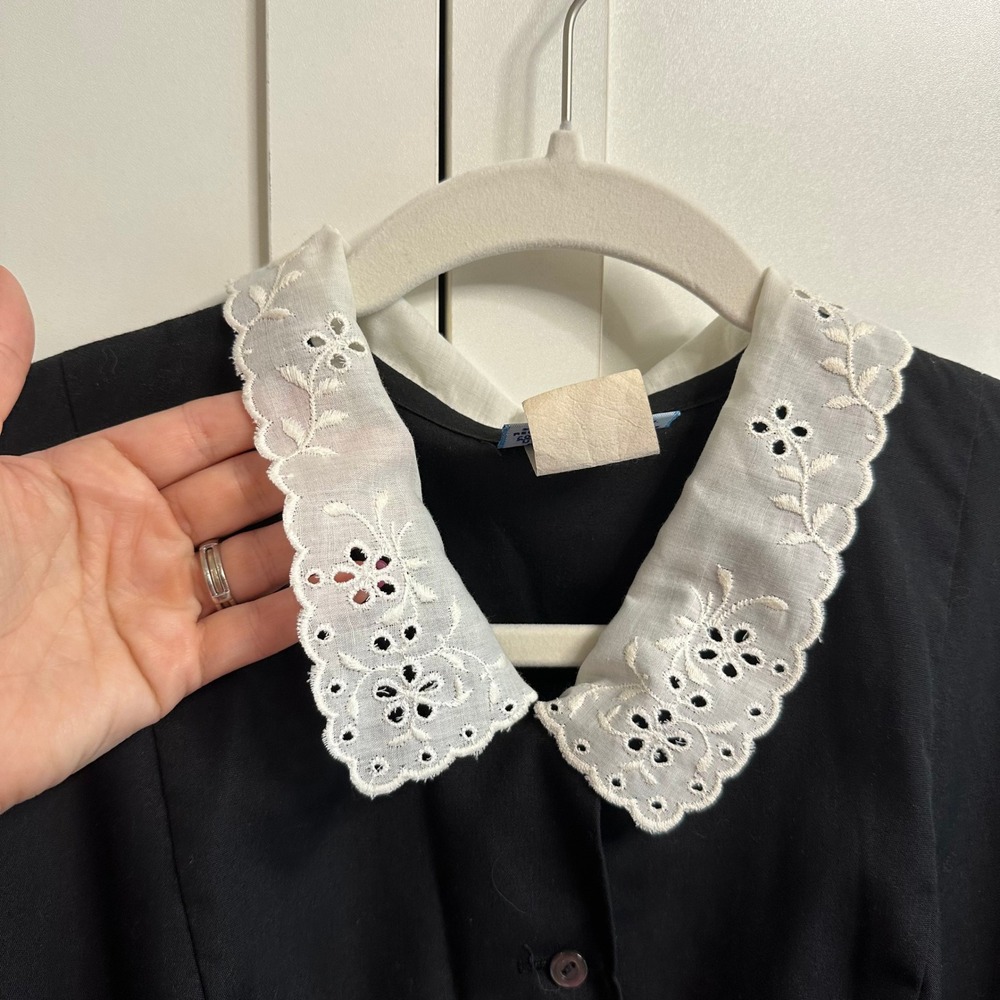 VTG 60s/70s Black Nurses Dress Womens 14 Lace PeterPan Collar Wednesday Addams - Picture 8 of 16